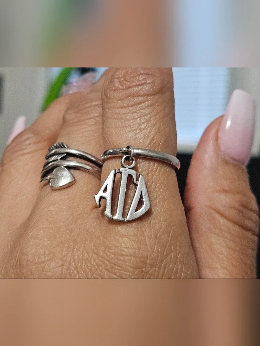 James Avery Vintage/Retired 'Alfa Gamma Delta' Dangle Silver Ring Charm - Size 7